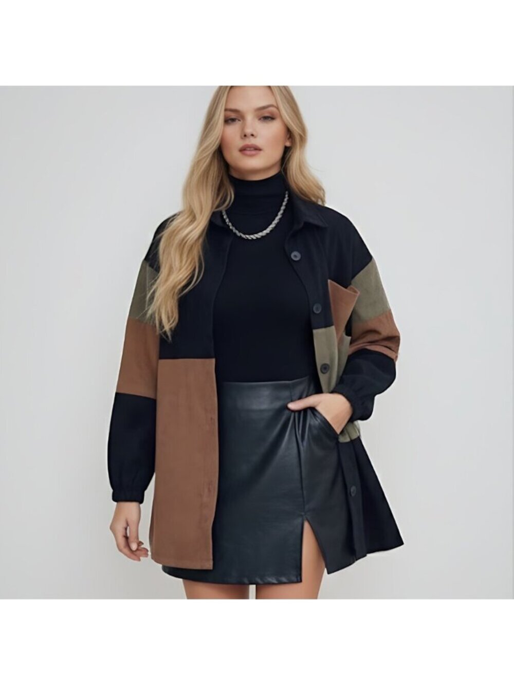 Color Block Drop Shoulder Corduroy Shacket